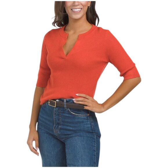 LILLA P Elbow Sleeve Split Neck Sweater - Picture 1 of 3